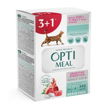 OPTIMEAL Sensitive, Miel și Curcan, hrană umedă pisici, sensibilități digestive, (în sos) OPTIMEAL Sensitive, Miel și Curcan, plic hrană umedă fără cereale pisici, sistem digestiv, (în sos), bax, 85g x 4buc