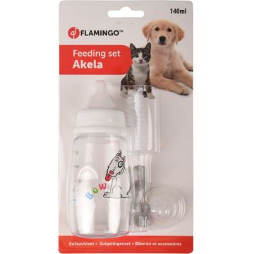 FLAMINGO Set Akela biberon cu tetină şi perie pentru spălare, pentru câini 140ml