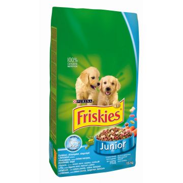 FRISKIES Hrană uscată pentru câini JUNIOR, cu Pui, Legume şi Morcovi