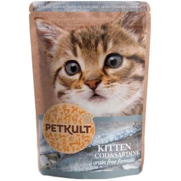 PETKULT Plic pentru KITTEN, Cod şi Sardine 100g