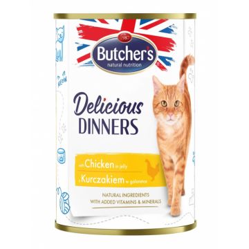 Hrana umeda pentru pisici Butcher s Delicious Dinners, Pui in aspic, 400g