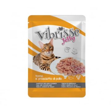 Hrana umeda pentru pisici Croci Vibrisse, Ton si sunca de pui in aspic, 70g