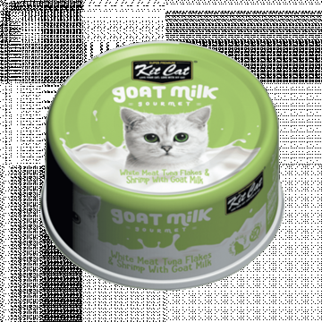 Hrana umeda pentru pisici, Kit Cat Goat Milk Gourmet, Fasii de ton alb  creveti cu lapte de capra, 70g