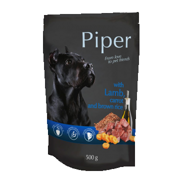 Hrana umeda pentru caini Piper Adult, Miel, Morcovi si Orez brun, 500 g