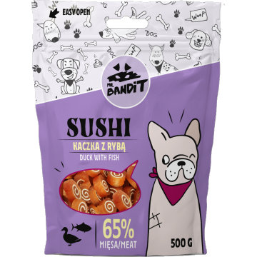 Recompense pentru caini Mr. Bandit SUSHI, rata si peste, 500g