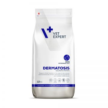 4T Dieta Veterinara DERMATOSIS DOG, VetExpert, cu carne de somon si Cartofi, 12 Kg