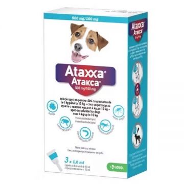 Ataxxa, antiparazitar extern pentru caini de talie mica 4-10 kg, 3 pipete