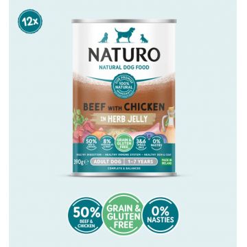 Conserva Naturo Adult cu Carne de Vita si Pui, Amestec de Legume si Fructe in Jeleu cu Ierburi Aromatice 390g