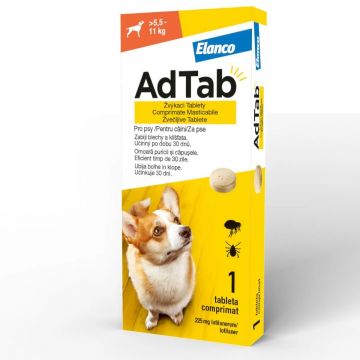 AdTab, Deparazitare externa pentru caini 5.5-11 kg, comprimate masticabile, 1 X 225 mg