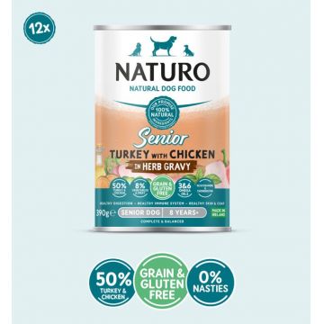 Conserva Naturo Senior cu Carne de Curcan si Pui, Amestec de Fructe si Legume in Sos cu Ierburi Aromatice 390g