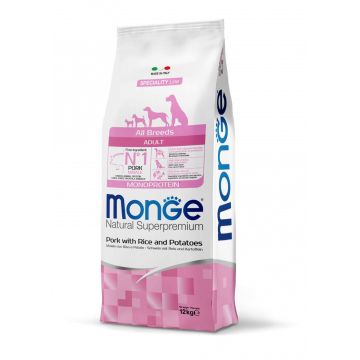 Monge Natural Superpremium Monoprotein Adult All Breeds, Porc si Orez, 12 kg