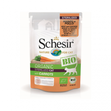 Schesir Bio Plic, hrana umeda pentru pisici sterilizate, cu vita, pui si morcov, 85 gr