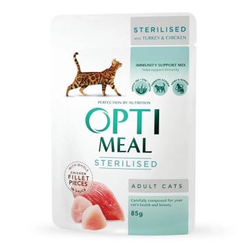 Optimeal Cat Sterilised - Hrana umeda super-premium - Curcan si Pui - 85g