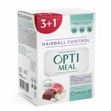 Optimeal, Hrana umeda pisici, hairball control, rata, (3+1), 0.34kg