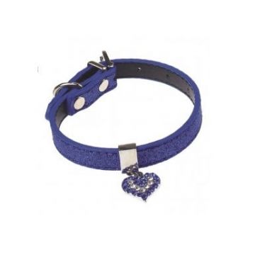 Zgarda pentru caini Pet Expert Glossy Heart, marime S, 1.5 x 27.5 - 35 cm, piele, albastru