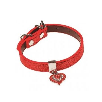 Zgarda pentru caini Pet Expert Glossy Heart, marime S, 1.5 x 27.5 - 35 cm, piele, rosu