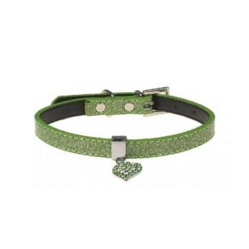 Zgarda pentru caini Pet Expert Glossy Heart, marime S, 1.5 x 27.5 - 35 cm, piele, verde