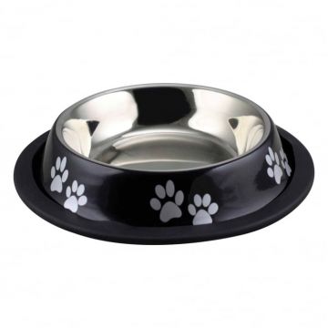 Bol pentru hrana animale cu suport gumat, Agility, model labute, diametru 15.5 cm, Negru 200 ml