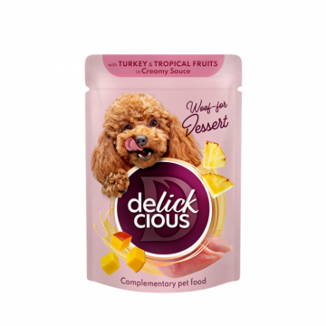 DELICKCIOUS, Bucati de carne de curcan si fructe tropicale in sos cremos, pentru caini, 80g