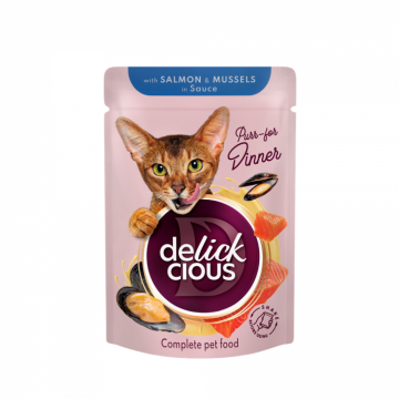 DELICKCIOUS, Bucati de somon si midii in sos, pentru pisici, 85g