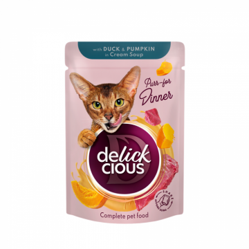 DELICKCIOUS, Stripsuri cu rata si dovleac in supa crema, pentru pisici, 85g