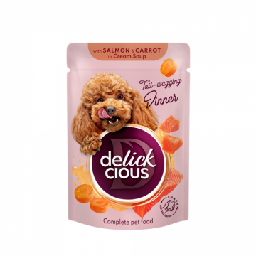 DELICKCIOUS, Stripsuri cu somon si morcov in supa crema, pentru caini, 85g