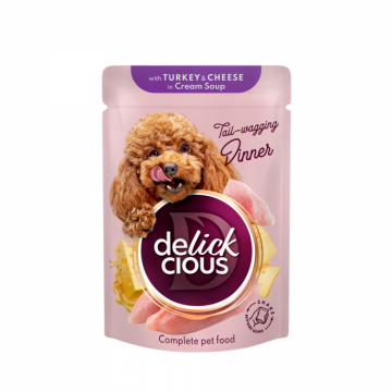 DELICKCIOUS, Stripsuri de curcan si cascaval in supa cremoasa, pentru caini, 85g