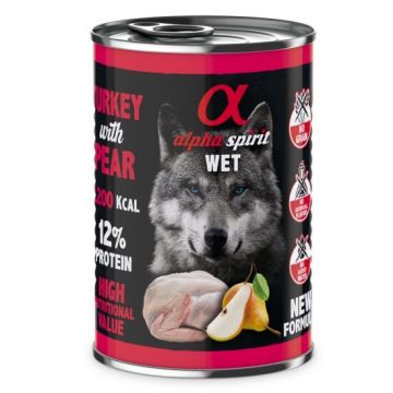 Hrană umedă Premium pentru câine Alpha Spirit, cu curcan și pere, 400 g