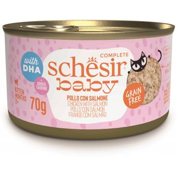 SCHESIR Baby Conservă pentru pisicuţe, Supă cu Pui şi Somon 70g