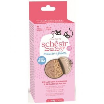 Schesir Baby Mouse & Filet Cat Pui si Somon, 3x55 g