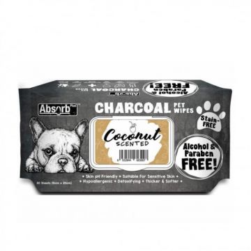 Servetele umede pentru animale, Charcoal Pet WET Wipes, Cocos- pachet 80 buc