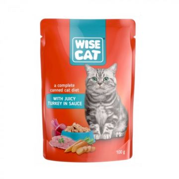 Wise Cat, Plicuri hrana umeda pentru pisici, curcan in sos, 24x100g