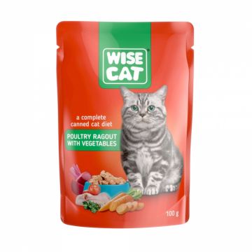 Wise Cat, Plicuri hrana umeda pentru pisici, pui cu legume in jeleu, 24x100g