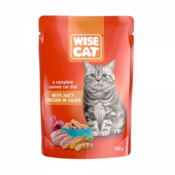 Wise Cat, Plicuri hrana umeda pentru pisici, pui in sos, 24x100g