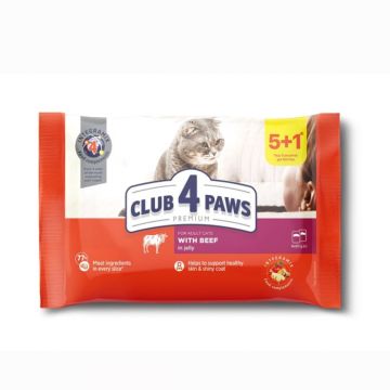 Club 4 Paws Premium Hrana umeda pisici, cu Vita in jeleu set 5+1 80g