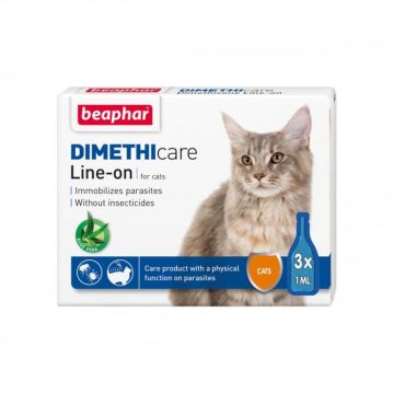 Pipeta antiparazitara DIMETHICARE LINE-ON pentru pisici BEAPHAR , 3 pip x 1 ml