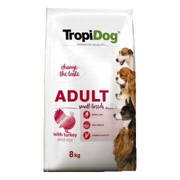 TropiDog Premium Adult, Talie Mica, Curcan & Orez, 8 kg