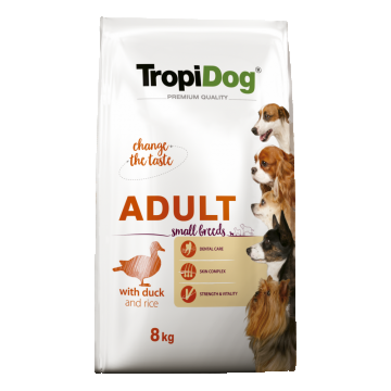 TropiDog Premium Adult, Talie Mica, Rata & Orez, 8 kg