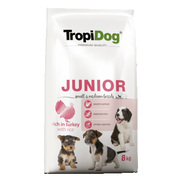 TropiDog Premium Junior, Talie Mica & Medie, Curcan & Orez, 8 kg