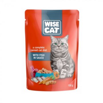 Wise Cat, Plicuri hrana umeda pentru pisici, peste in sos, 24x100g