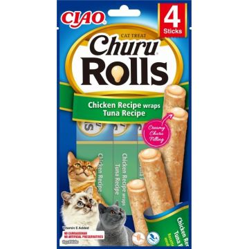 Churu Inaba Rolls Recompense pentru Pisici cu Pui si Ton, 10 g x 4 buc