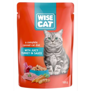 Hrana umeda pentru pisici, WISE CAT ADULT, curcan in sos, 24 plicuri x 100 gr