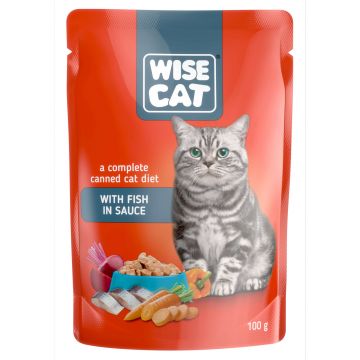 Hrana umeda pentru pisici, WISE CAT ADULT, peste in sos, 24 plicuri x 100 gr