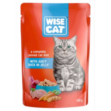 Hrana umeda pentru pisici, WISE CAT ADULT, rata in jeleu, 24 plicuri x 100 gr