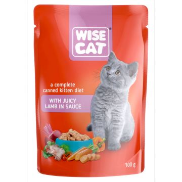 Hrana umeda pentru pisici, WISE CAT KITTEN, miel in sos, 24 plicuri x 100 gr