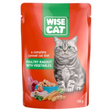 Hrana umeda pentru pisici, WISE CAT, tocana de pasare de curte si legume, 24 plicuri x 100gr