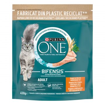 PURINA ONE ADULT, Pui si Cereale Integrale, hrana uscata pentru pisici, 450 g