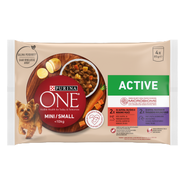 PURINA ONE MINI Active, vita, cartofi, si morcovi/ cu rata, paste si fasole verde, in sos, 4x85 g