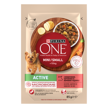 PURINA ONE MINI Active, vita, cartofi si morcovi, in sos, 85 g