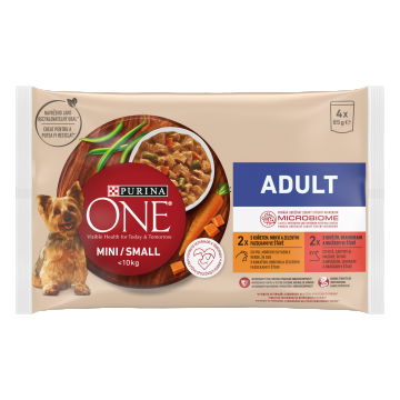 PURINA ONE MINI Adult, pui, morcovi si fasole verde/ cu vita, cartofi si mazare, in sos, 4x85 g